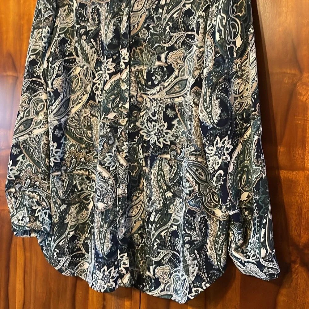 Roz & Ali 1X Paisley Button Down Blouse Blue Green Boho Flowy Women Plus Top - Picture 10 of 14